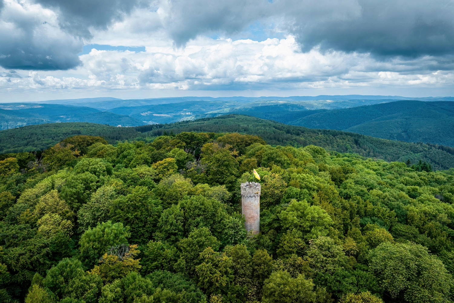 The Katzenbuckel observation tower rises above the dense forest, offering a view of the rolling hills of the Odenwald. It is a symbol of foresight, hiking, and the natural beauty of the region.