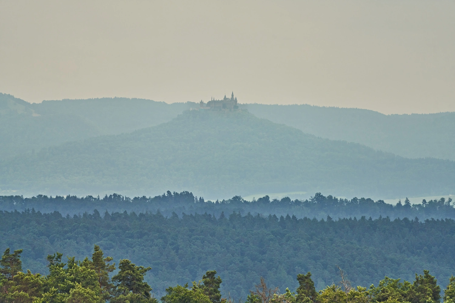Blick über bewaldete Hügel der Schwäbischen Alb mit der Burg Hohenzollern auf einem Berg im Hintergrund.