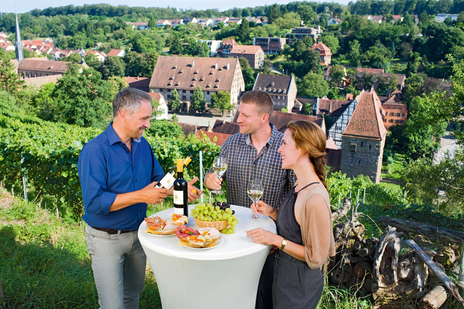 Three people are standing around a small table bar in a vineyard, enjoying wine and snacks.