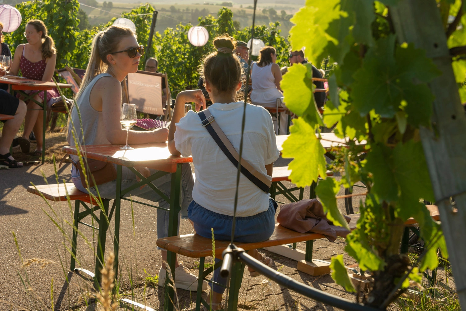Zwei Frauen sitzen bei einem Weinfest im Weinberg auf Bierbänken und genießen die Sonne und den Wein.