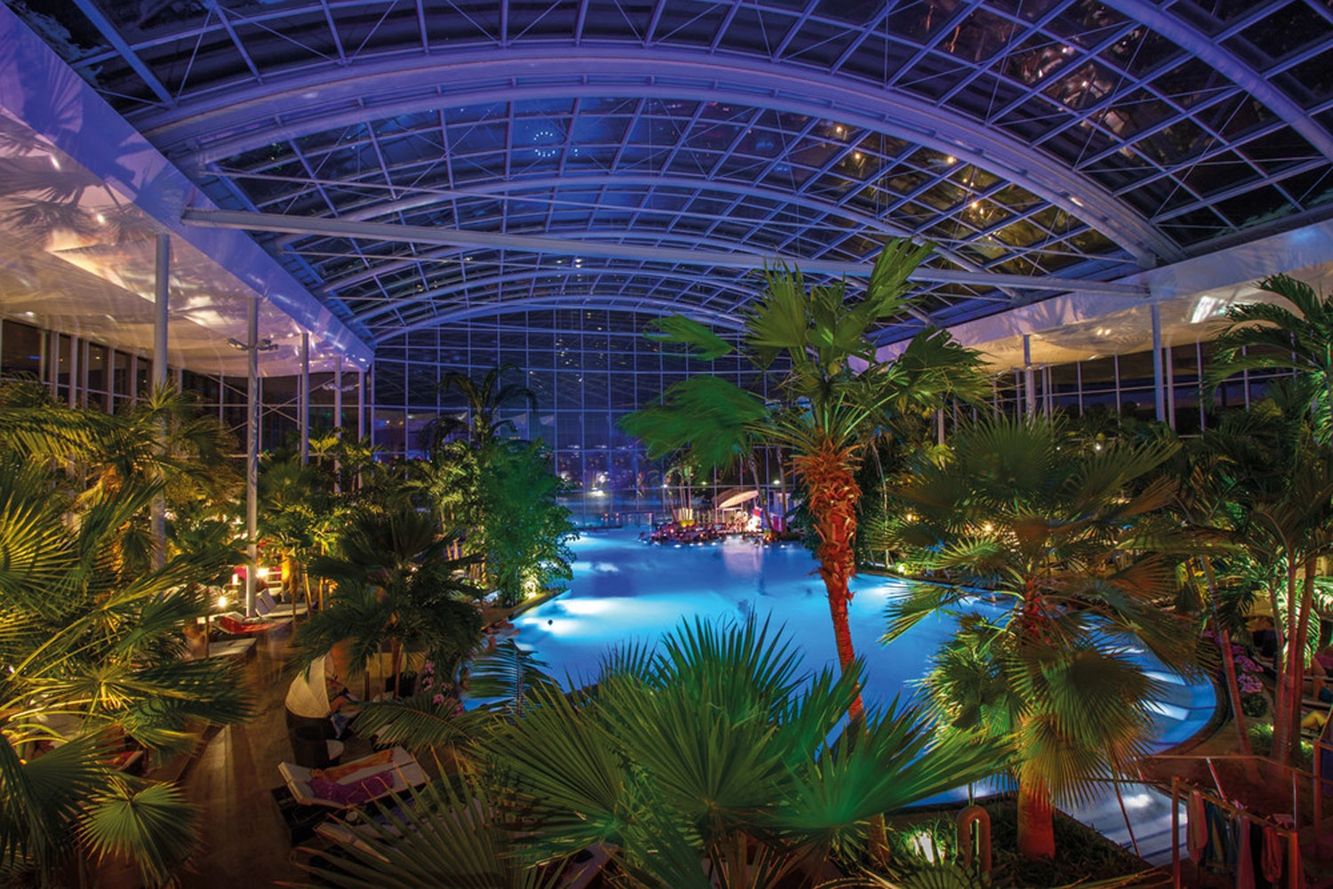 Badeparadies Schwarzwald from the inside at night. The pools are illuminated. There are lots of palm trees around the pools.