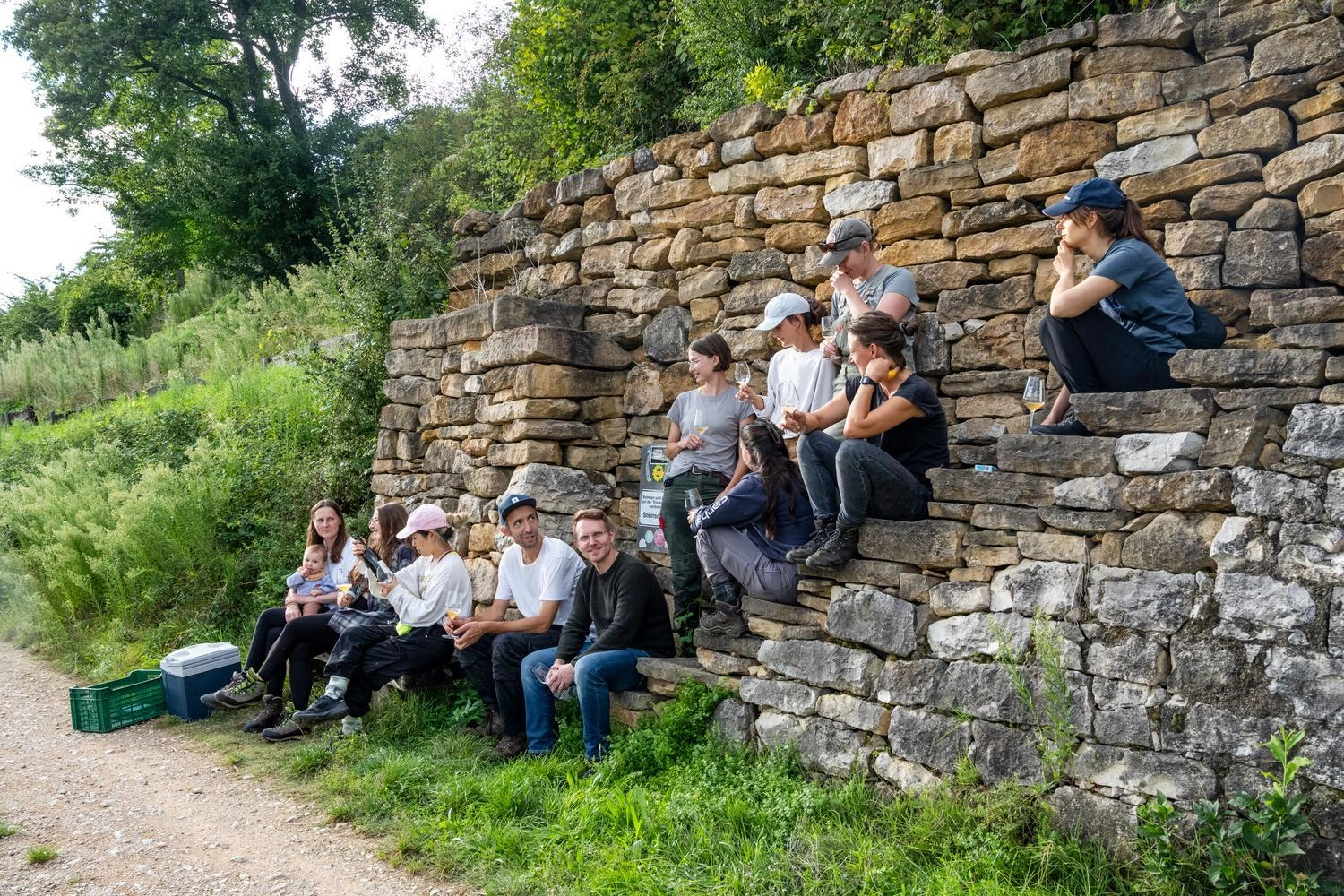Gruppe von Menschen macht Pause auf einer Natursteinmauer am Rand eines Weinbergs, umgeben von grüner Vegetation und Wanderweg.
