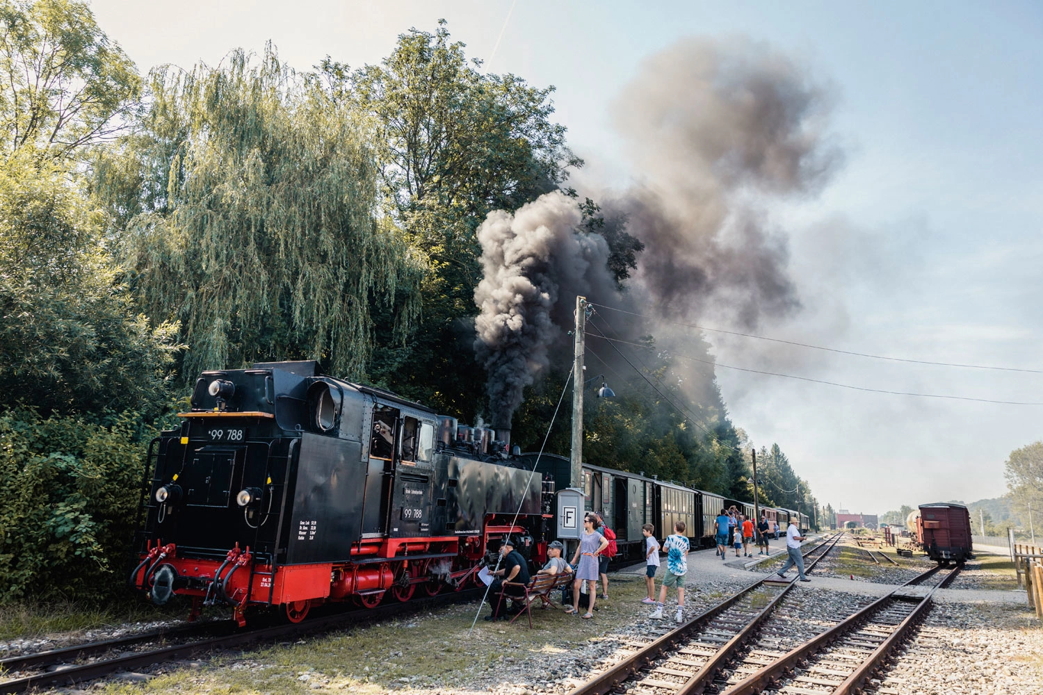 Eine große schwarze Dampflokomotive vor der viele Menschen stehen.