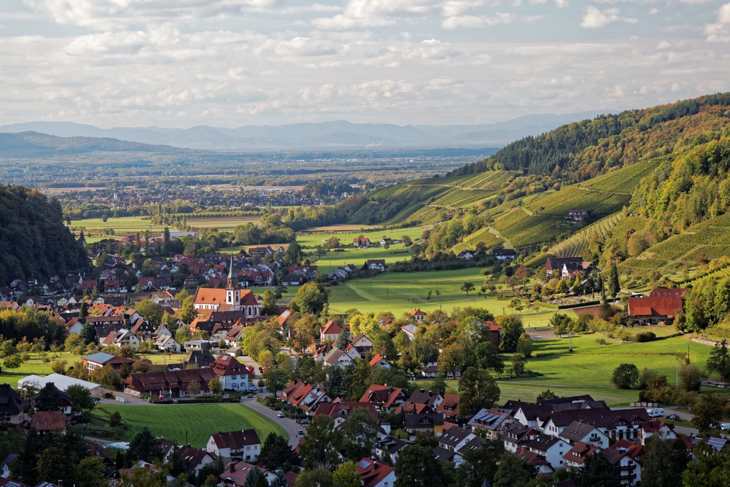 Blick auf die idyllischen Weinbege und die Ortschaft Glottertal. Das Tal weitet sich. Am Rande sieht man die bewaldeten Ausläufer des Schwarzwaldes.