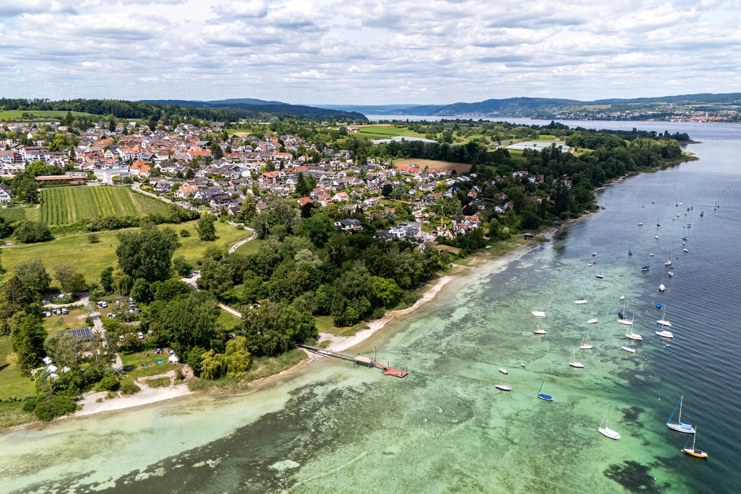 Luftaufnahme von Litzelstetten am Bodensee mit grünen Uferwiesen, Campingplatz, Steg und zahlreichen Segelbooten im klaren Wasser.