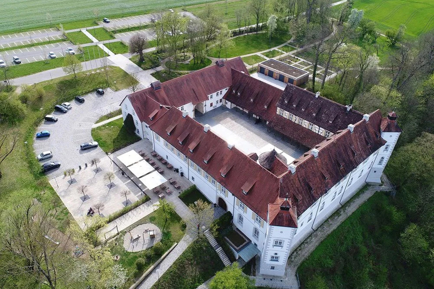 View from above of a rectangular castle complex