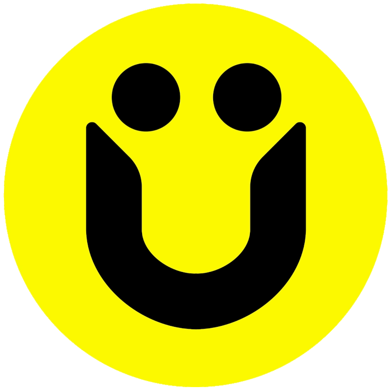Gelbes Smily mit einem Ü als Gesicht. Das Ü ist annimiert. Die Mundwinkel gehen nach oben und die Augen hüpfen.