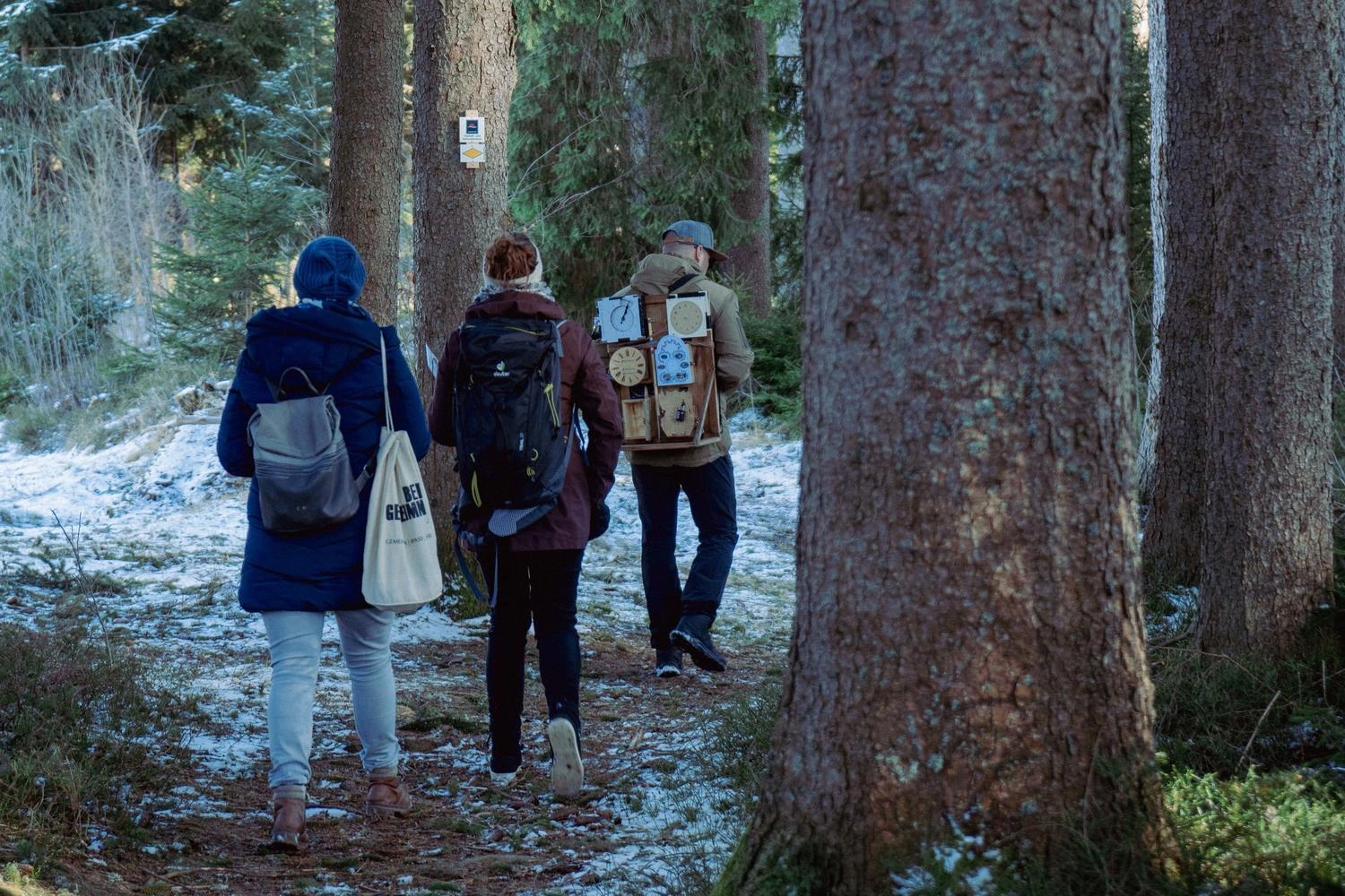Drei Personen wandern auf einem schneebedeckten Waldweg zwischen hohen Bäumen, ausgestattet mit Rucksäcken und warmer Kleidung.