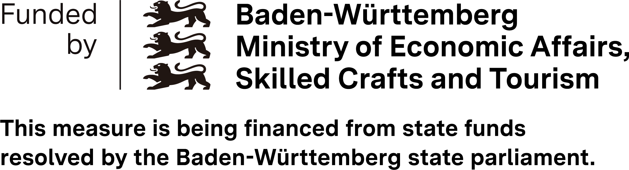 Logo of the Baden-Württemberg Ministry of Economic Affairs, Skilled Crafts and Tourism with the addition 'Supported by'. 