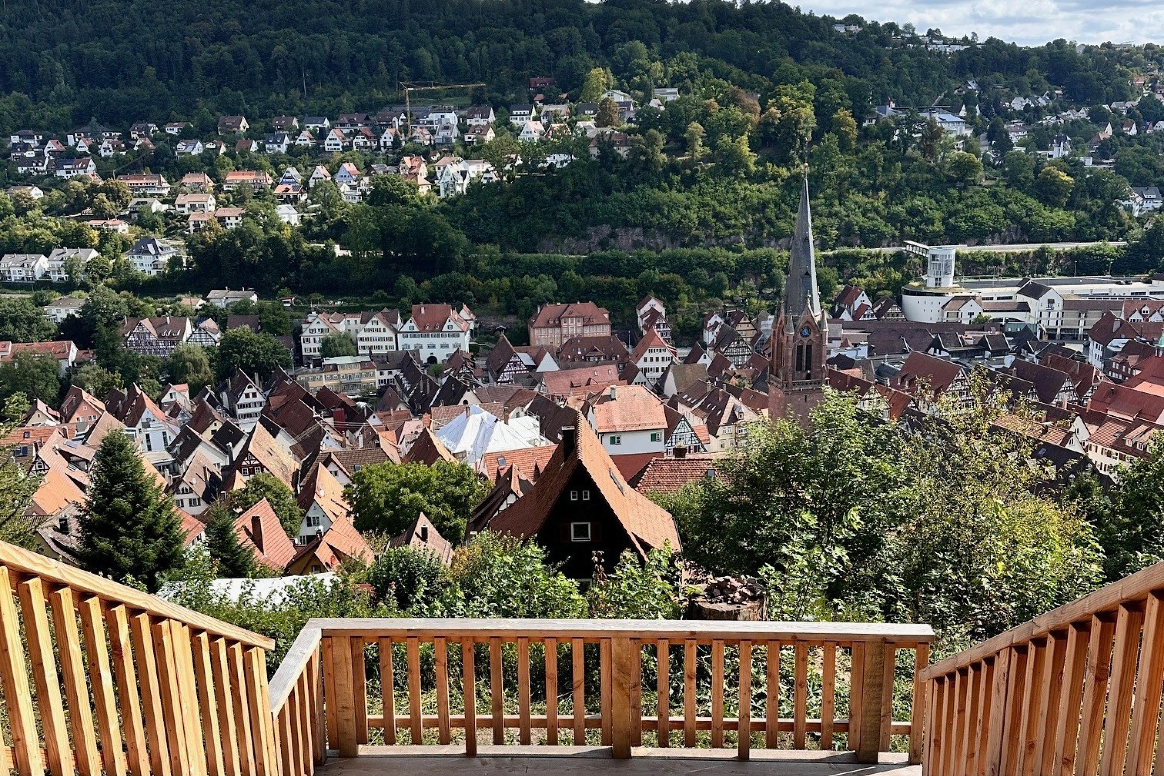 Blick von einer Treppe auf Altstadt mit Fachwerkhäusern und Kirchturm, umgeben von bewaldeten Hügeln; vermittelt Panorama und historischen Stadtkern.