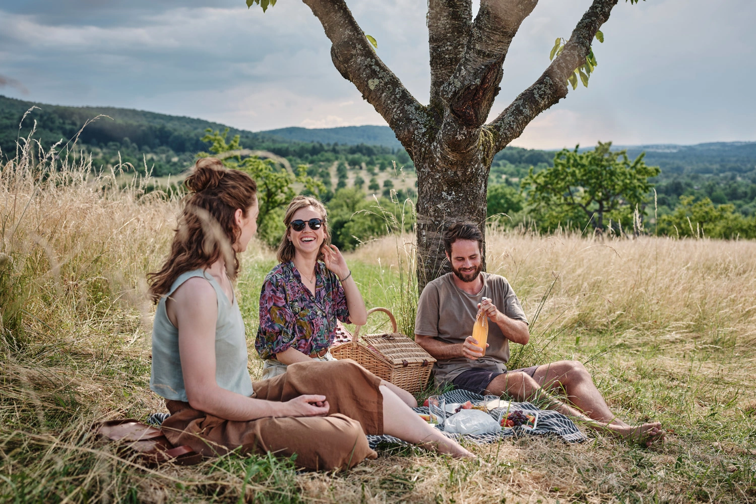 Drei Menschen genießen ein Picknick auf einer Streuobstwiese unter einem schattigen Baum, umgeben von sanften Hügeln.