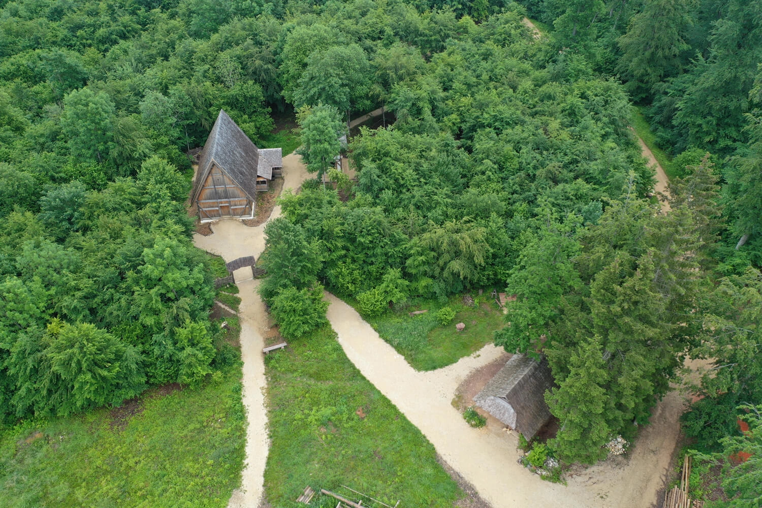 An aerial view of a forest area with medieval buildings.