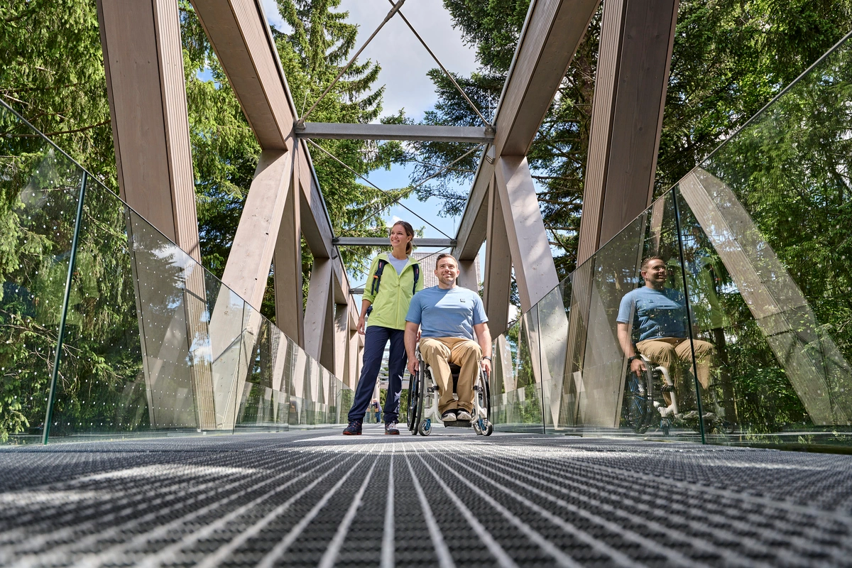A person in a wheelchair and a person walking on a metal bridge.