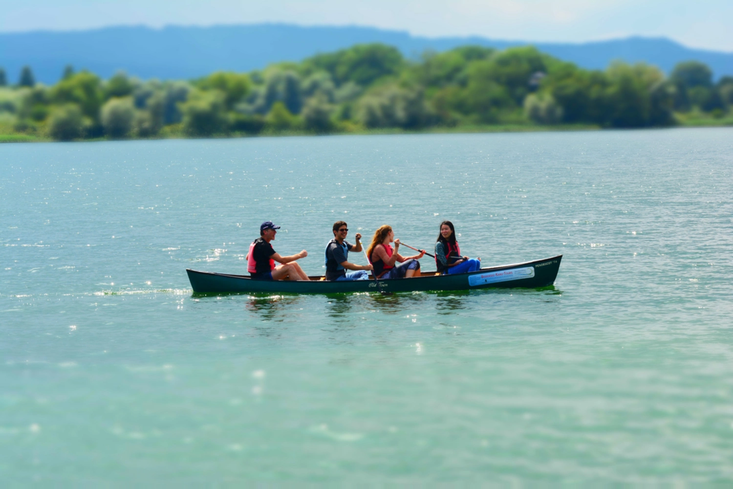 Four people paddle across Lake Constance in a canoe.