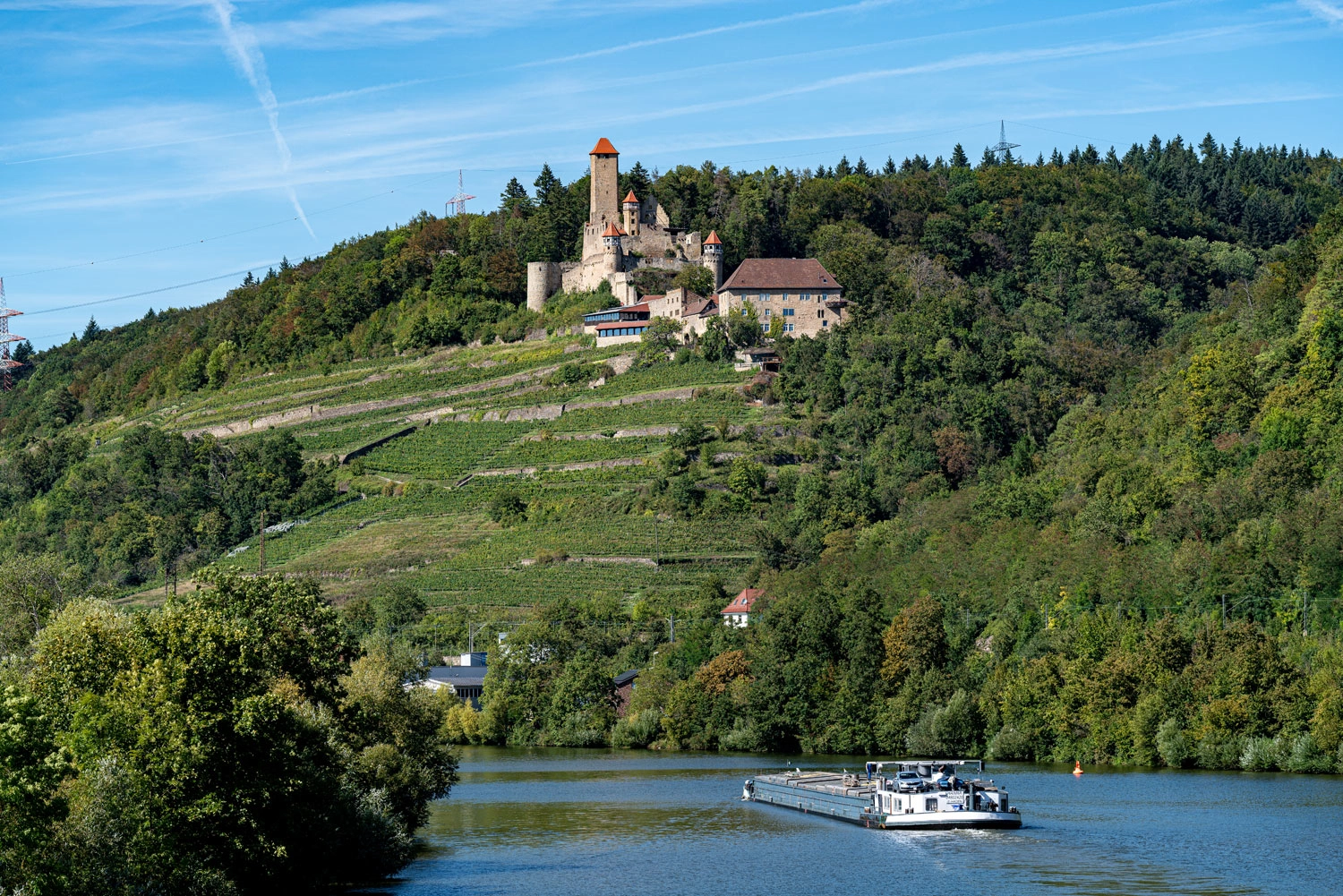 Hornberg Castle sits enthroned on a wooded hill with vineyards above the Neckar River, with a cargo ship sailing on the river in the foreground.