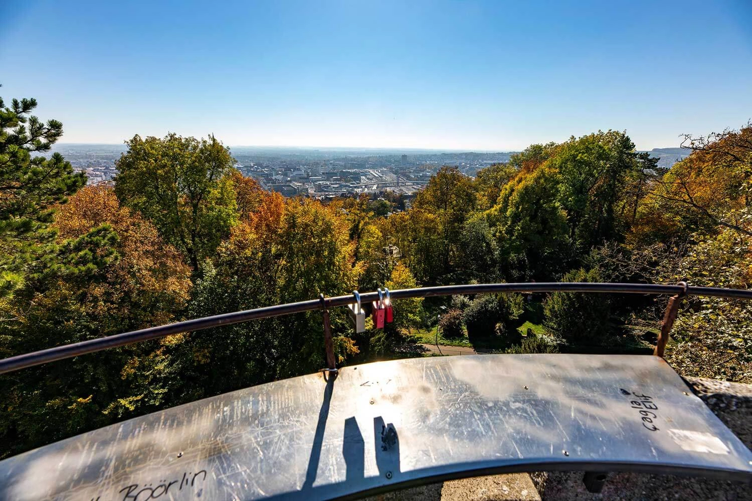 Blick von einem Aussichtspunkt durch den Wald auf eine Stadt