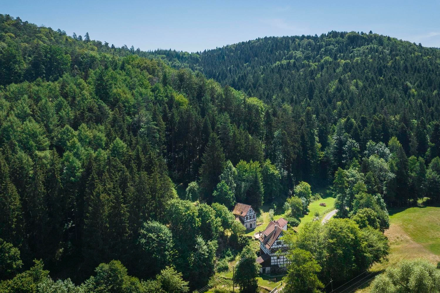 Eine Mühle steht an einer Lichtung, umgeben von einem hügeligen Waldgebiet.