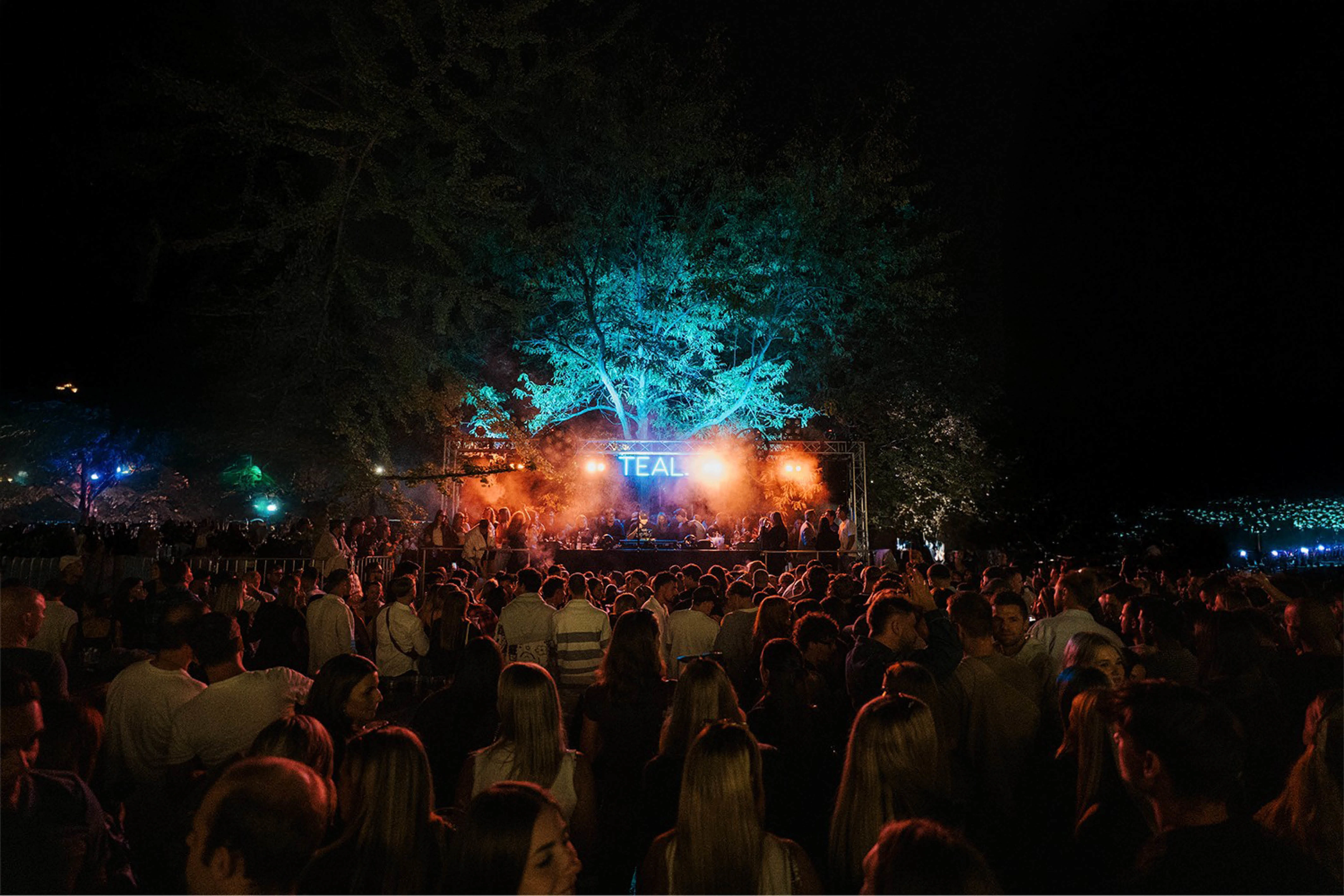 Menschenmenge vor beleuchteter Bühne mit Schriftzug „TEAL“ beim Teal Festival in Heilbronn; zeigt nächtliche Festivalstimmung mit DJ und Lichtshow.