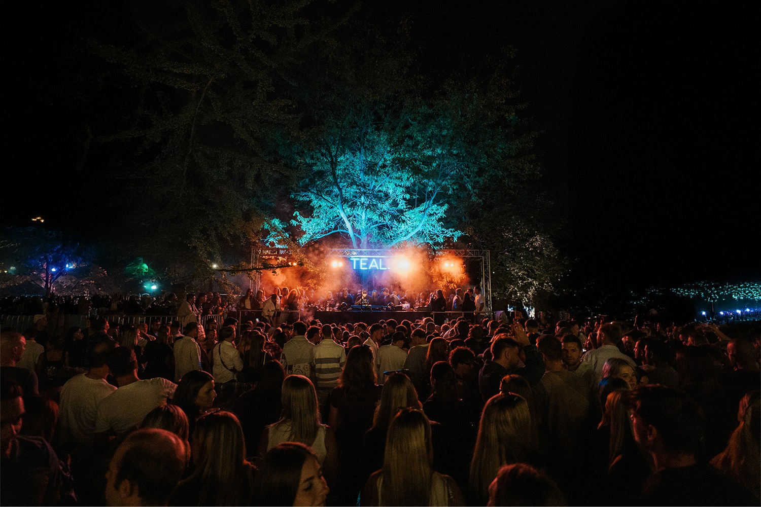 Menschenmenge vor beleuchteter Bühne mit Schriftzug „TEAL“ beim Teal Festival in Heilbronn; zeigt nächtliche Festivalstimmung mit DJ und Lichtshow.