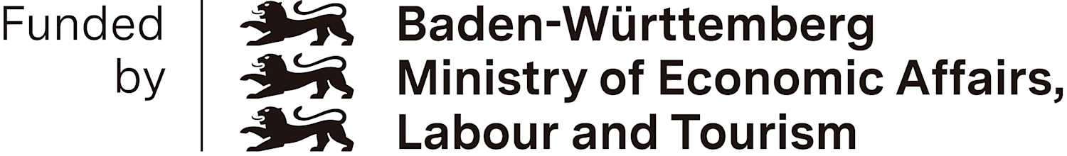 Logo of the Baden-Württemberg Ministry of Economic Affairs, Labor, and Tourism with the addition 'Supported by'. 
