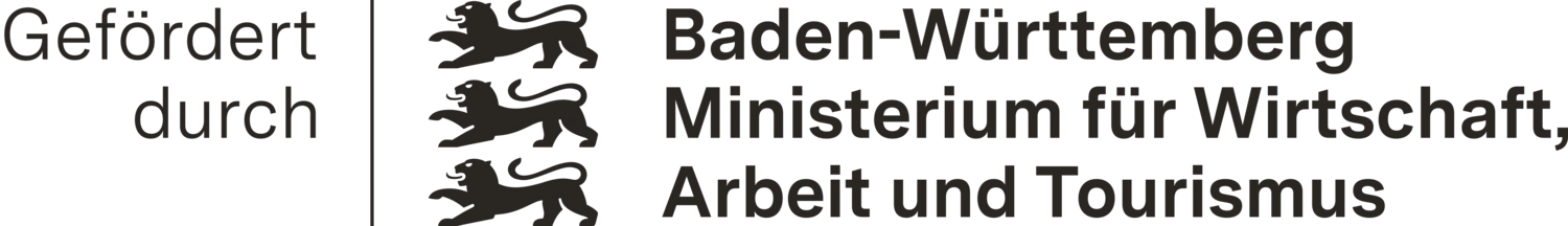 Logo des Ministeriums für Wirtschaft, Arbeit und Tourismus Baden-Württemberg mir dem Zusatz 'Gefördert durch'. 
