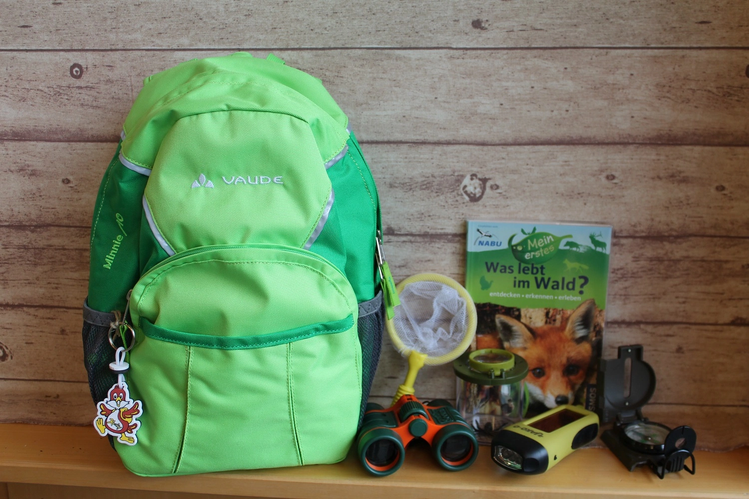 Nahaufnahme eines grünen Forscherrucksacks mit Inhalt