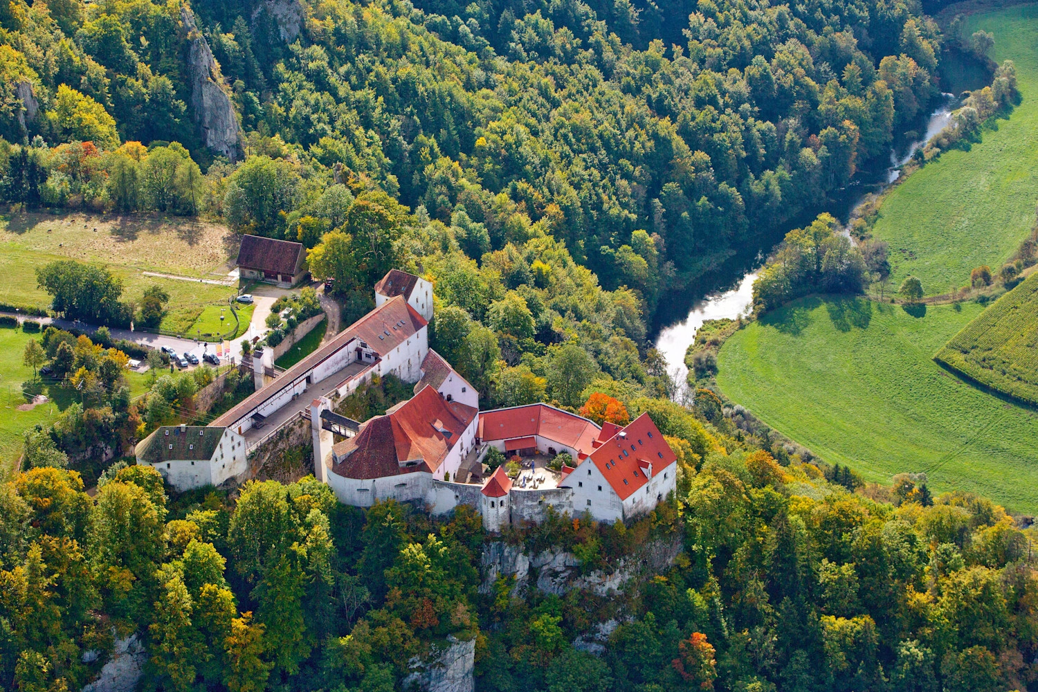 Aerial view of a castle surrounded by forest and the Danube.