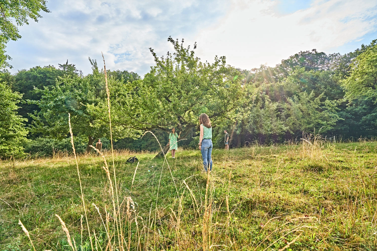 Eine Person lehnt sich an einen Obstbaum und genießt die Natur. Eine andere Person sieht zu.