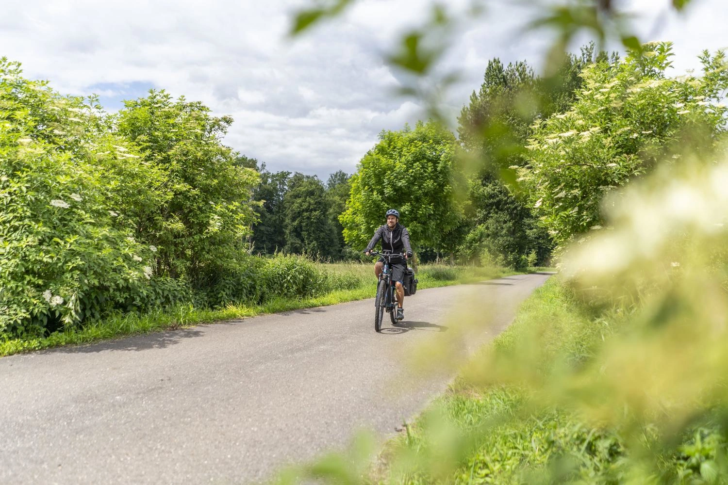 Eine Person fährt mit einem Rad auf einem asphaltierten Radweg durch die grüne Landschaft der Schwäbischen Alb.