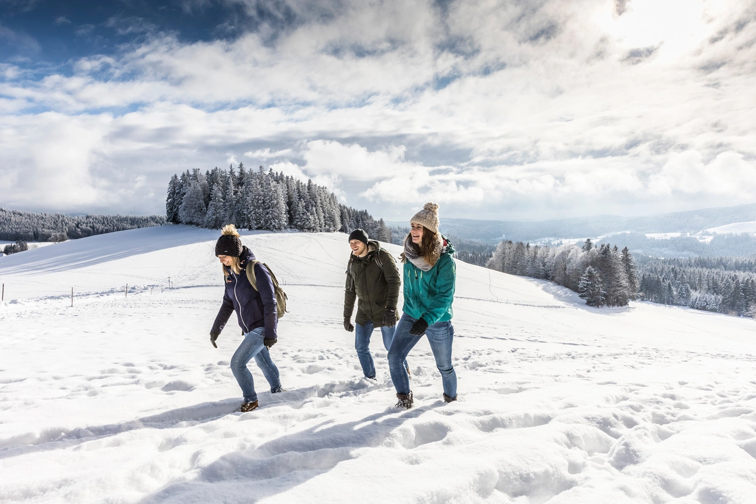 Three young people hiking through the snow on a hilltop. Snow-covered fir trees stand in the background. The sky is slightly cloudy. The sun is shining.