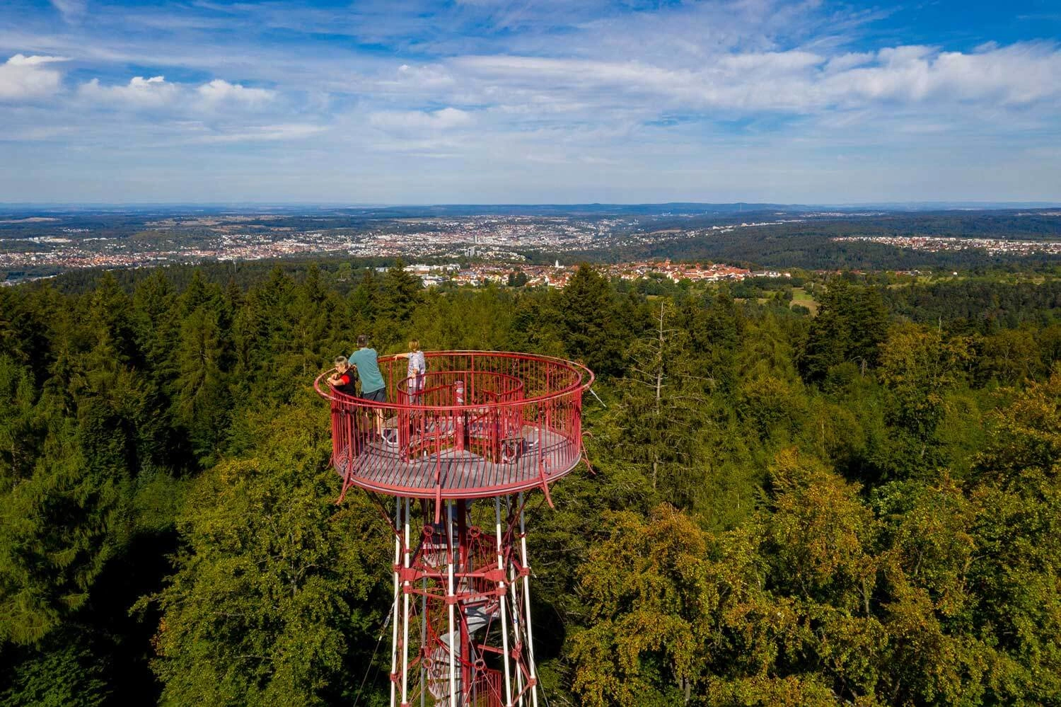 Drei Menschen auf einem Aussichtsturm blicken über einen Wald zu einer Stadt.