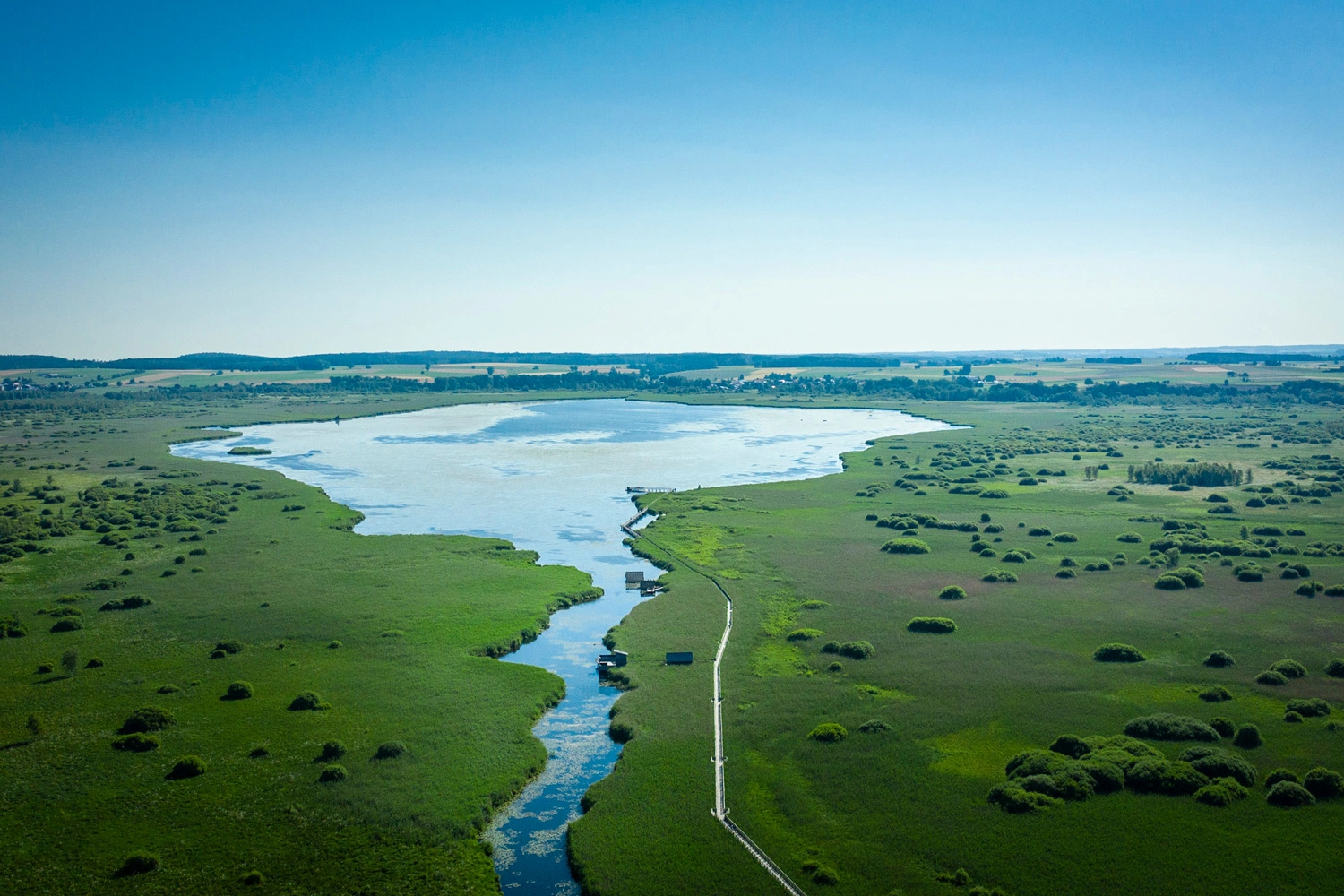 Aerial view of a lake with lots of shore greenery and a tributary