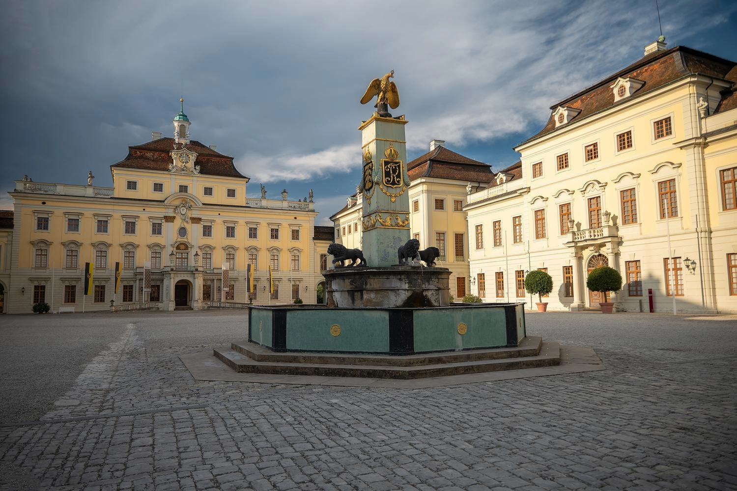 Courtyard at Ludwigsburg Palace at dusk.