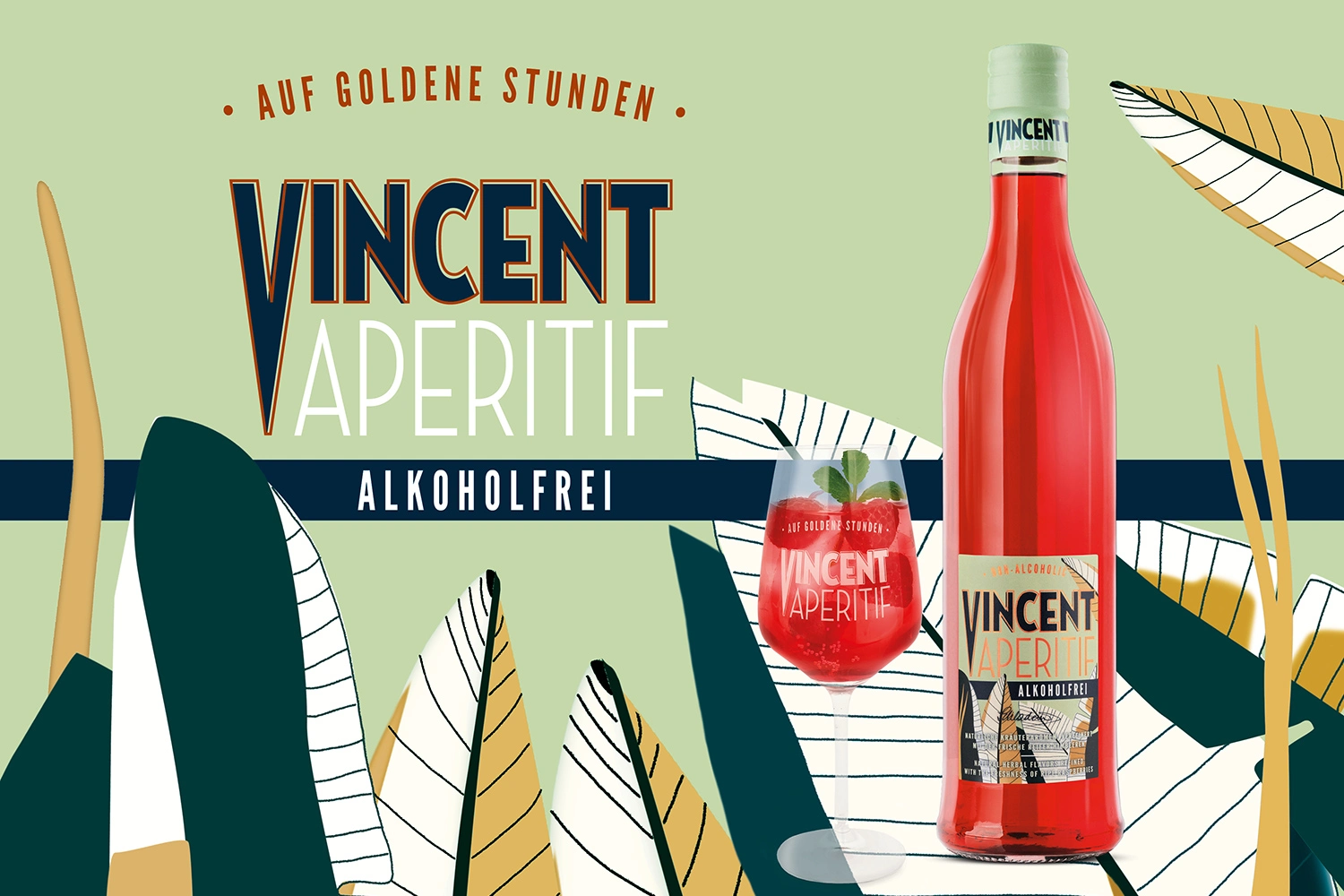 Green poster with the words Vincent Aperitif non-alcoholic. Next to it is a picture of a glass and a bottle.