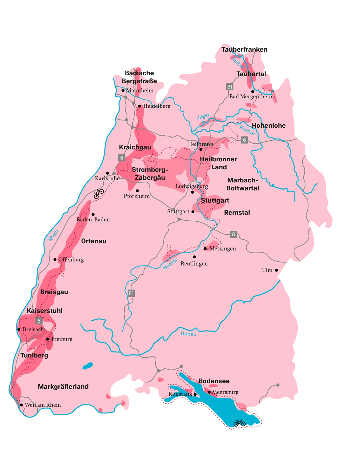 Overview map of the southern wine region in the brand colour pink - the wine regions are marked in dark.