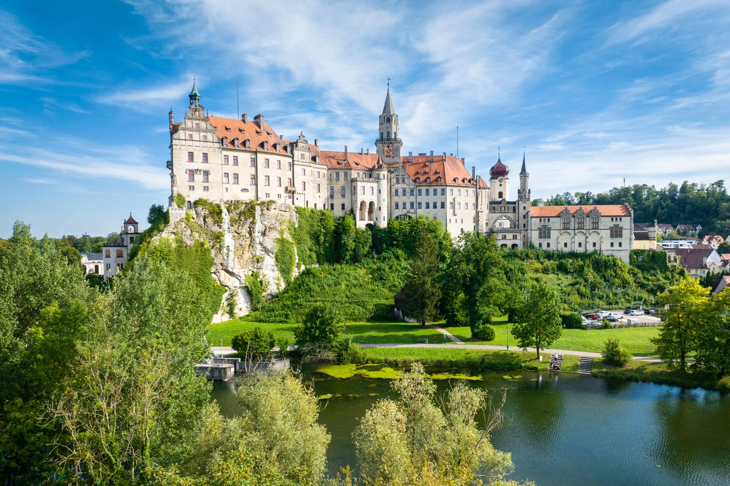 View of Sigmaringen Castle. The Danube flows in the foreground.