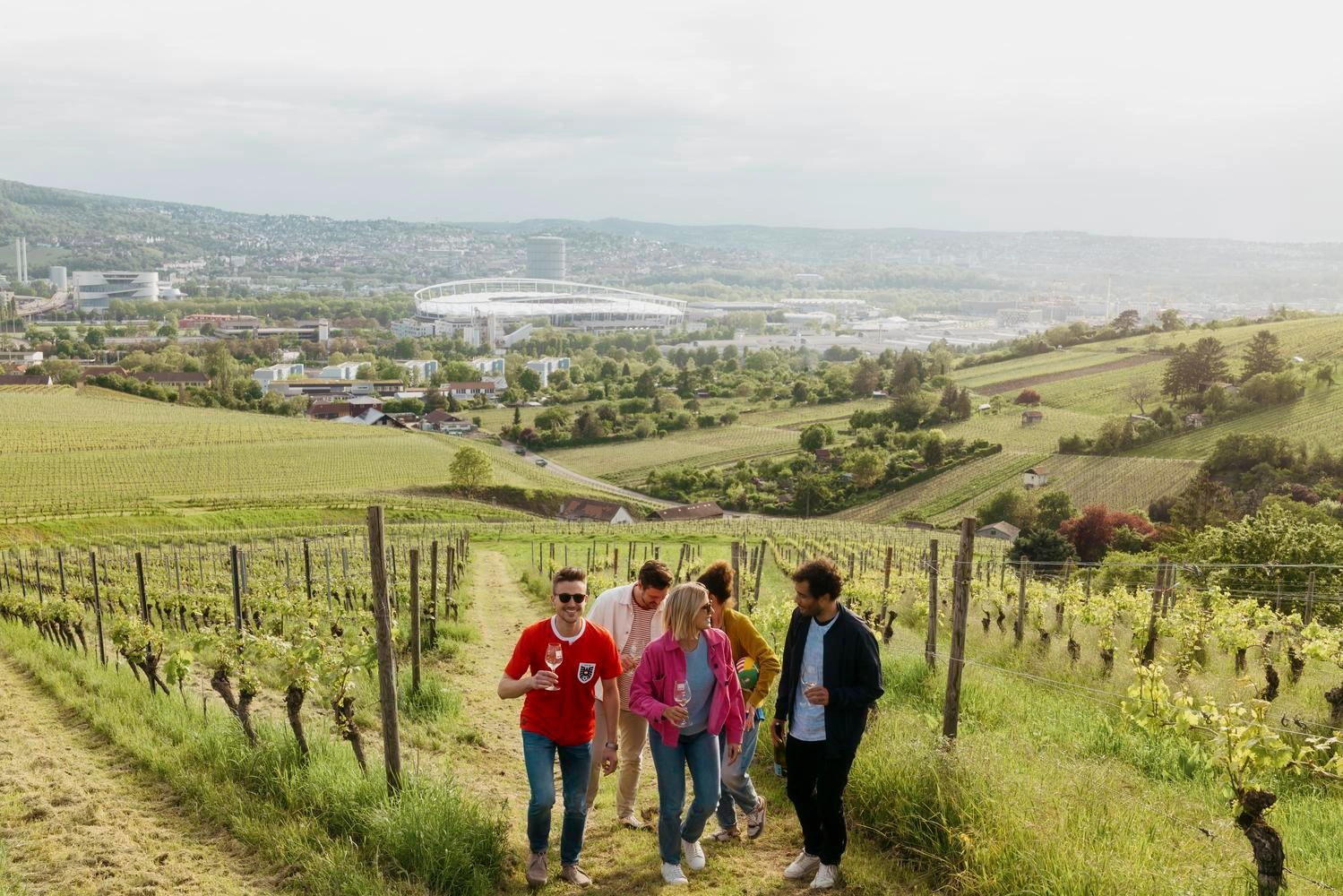 A group of people walk through a vineyard with glasses of wine in their hands, a town in the background.