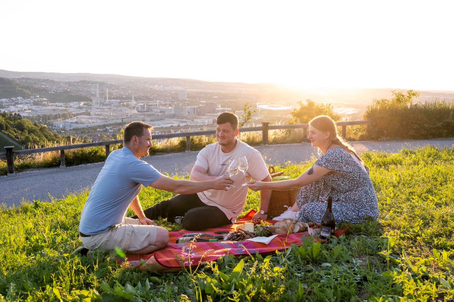 Drei Personen bei Picknick stoßen mit Weingläsern an.