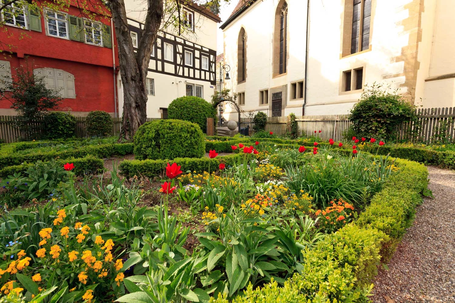 View of a beautifully landscaped parish garden with flowering plants and a large tree.