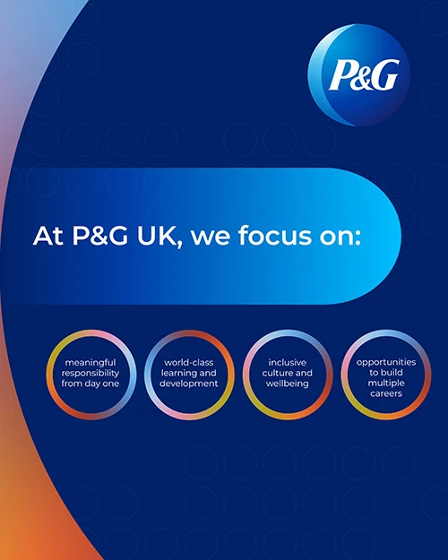 Graphic highlighting P&G UK focus areas including meaningful responsibility, learning and development, inclusive culture, and career opportunities.