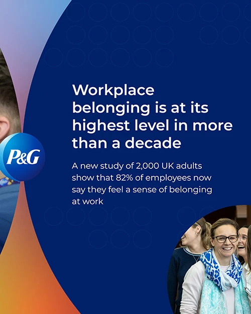 Graphic with P&G logo stating workplace belonging is at its highest level in over a decade, based on a study of UK employees.
