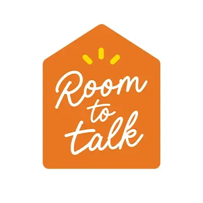 Room to Talk logo with white handwritten text inside an orange house-shaped icon