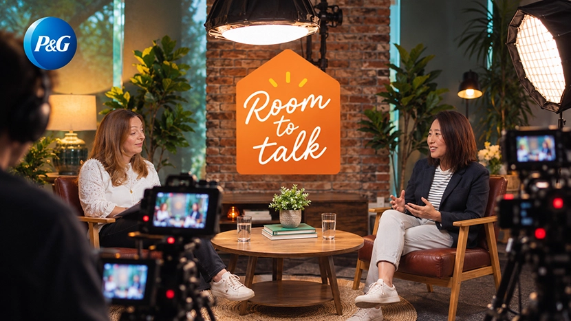 Two people speak during a recorded "Room to Talk" interview in a studio setting with cameras and lighting equipment visible.