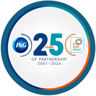 P&G and In Kind Direct logo celebrating 25 years of partnership from 2001 to 2026, highlighting commitment to social impact and collaboration