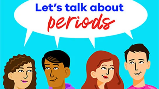 Illustration with four people and text: Let's talk about periods