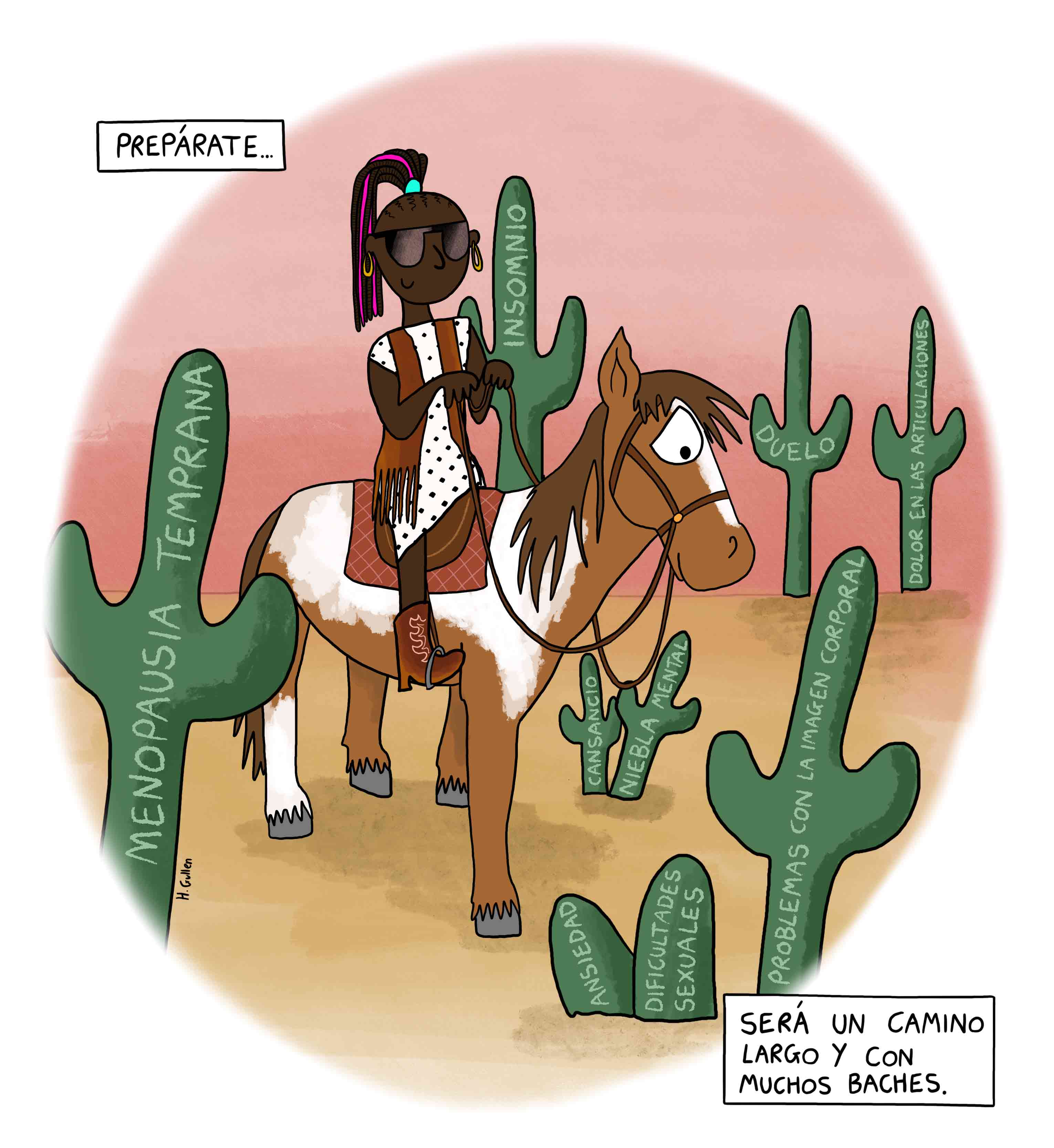 A woman rides a horse through a desert. Cactuses are labeled with side effects. The words are "Cowgirl up! It's going to be a long and bumpy ride!"