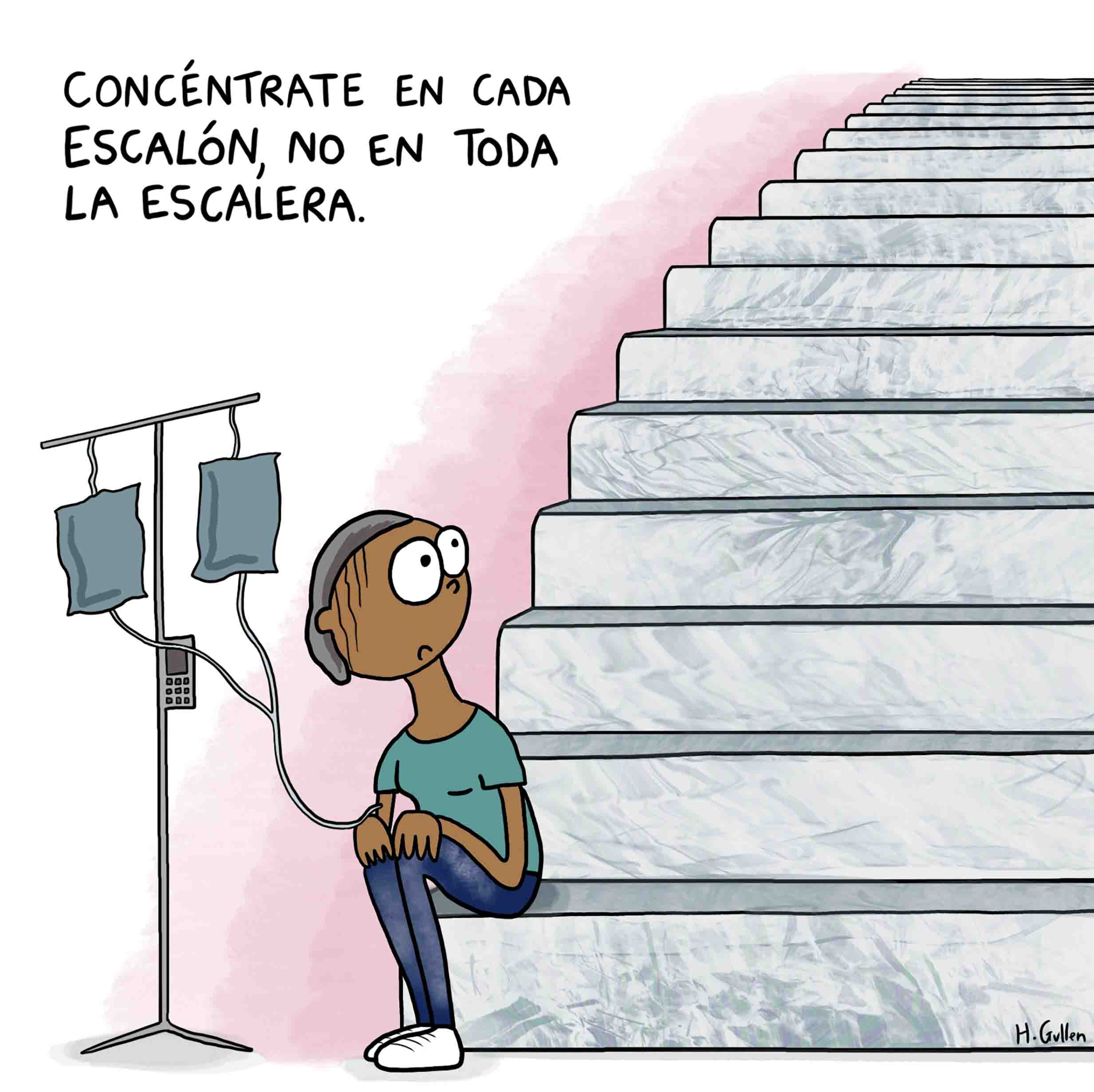 A woman hooked up to an IV looks up nervously at a staircase. "Think about each stair, not the staircase" is written above her.