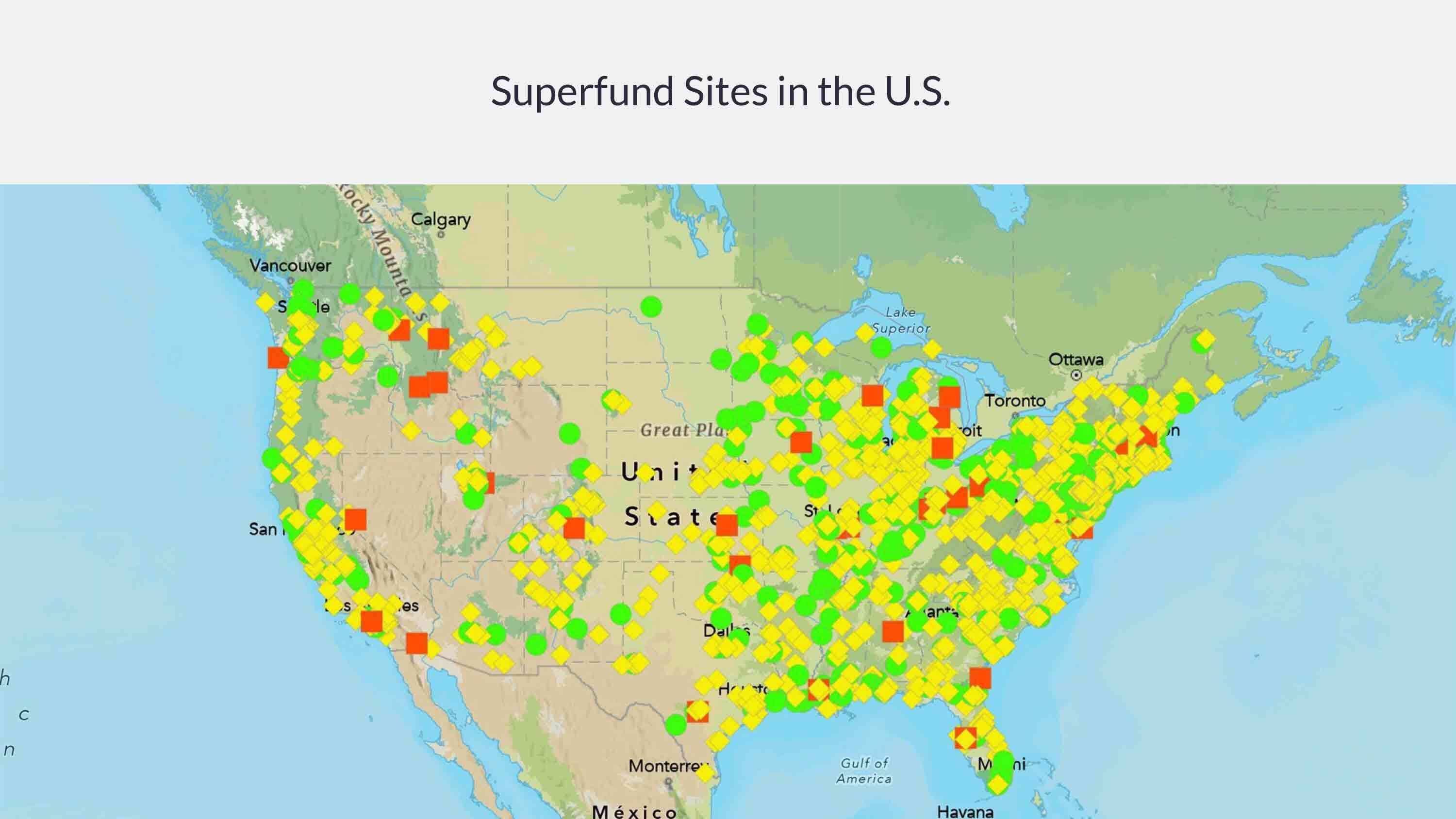 A map showing Superfund sites in the U.S. Yellow is current Superfund sites, green are deleted (and cleaned up) Superfund sites, and red are proposed Superfund sites. Sources: Esri, TomTom, Garmin, FAO, NOAA, USGS, © OpenStreetMap contributors, and the GIS User Community, Esri, USGS